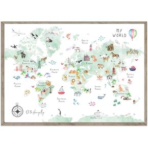 Joocrise Green Kids World Map Wall Art Animal Map Canvas Wall Art Educational Wall Art Nursery Wall Decor World Map Poster Childrens Room Decor Playroom Prints 16x24 Inch Unframed
