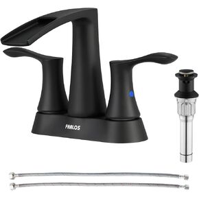 PARLOS 2 Handles Waterfall Bathroom Faucet with Pop-up Drain and Faucet Supply Lines, Matte Black, Demeter 1431704