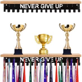 Defined Deco Medal Hanger Display and Trophy Shelf with 32 Hooks-Wooden Medal Holder for Wall Mount Ribbon Display-Trophy Display Shelf for Gymnastics, Soccer, Running Race Medals Awards Rack.