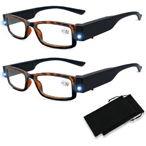 2 Pack Reading Glasses with Lights in the Frame for Men Women Bright LED Readers with Lights Reading Glasses Lighted Magnifier Nighttime Reader Glasses with Lights