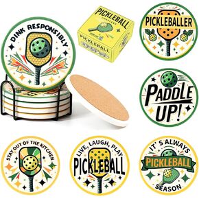 Kauai Sun™ Pickleball Themed Coaster Set, 6 Pieces, Ceramic, Vibrant Designs, Inspirational Quotes, Metal Holder, Gift Packaging, Perfect for Pickle Ball Lovers, Coaches, and Teams