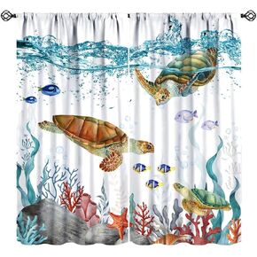 Sea Turtle Curtains, Teal Blue Ocean Underwater Animal Starfish Fish Nautical Coastal Theme Window Treatments for Living Room Bedroom 42x45 Inch