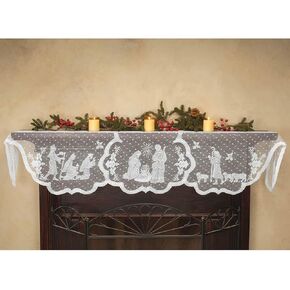 DoubleWood 20"x90" Christmas Decor Fireplace Scarf Fireplace Cloth White Lace Jesus Christmas Decorations Table Runner Winter Mantle Scarves Cover for Holiday