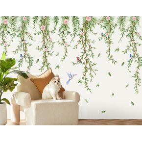 Hanging Vine Wall Decals Removable Birds Green Leaf Wall Stickers Peel and Stick Plants Home Art Decor for Kids Girls Teens Nursery Bedroom Living Room Sofa TV Background Wall