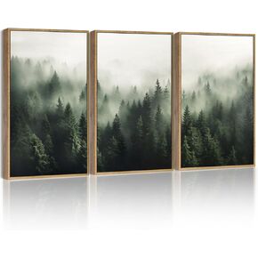 SHENIFY Green Fog Pine Tree Forest Canvas Wall Art 11x14in Framed Nature Modern Artwork Prints Decor - Natural Framed