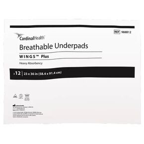 Cardinal Health™ Breathable Underpads, Wings™ Plus, Heavy Absorbency, Light Blue, 23 x 36IN, Case of 72 (6 Bags of 12)