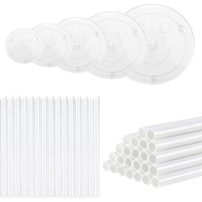 5 Pieces Cake Separator Plates Stands with 24 Pieces Plastic Cake Dowels Rods and 15 Pieces Clear Cake Sticks Support Stacking for 4 6 8 10 12 Inch Tiered Cakes