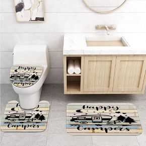 Camper RV Bath Mat Set, Happy Camper Bathroom Accessories for Travel Trailers, Farmhouse Camping Bathroom Mat Set with Bath Rug Mat, Bathroom Rug and Toilet Lid Cover