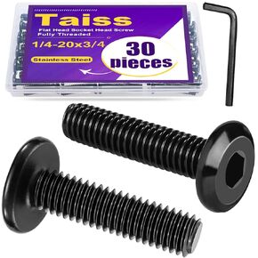Taiss 30pcs 1/4-20 x 3/4" Flat Head Socket Head Screw Furniture Bolts Stainless Steel 18-8(304),Black Zinc Plated Fully Threaded, Countersunk Connector Screws with Hex Spanner