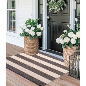 Black and Beige Layered Doormat 24"x35" Washable Striped Front Porch Rug Farmhouse Outdoor Rug Cotton Woven Throw Carpet for Entryway/Home Entrance