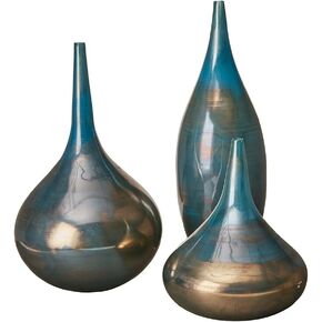 MADISON PARK SIGNATURE Lucia Tall White Vase, Handmade Large Ceramic Vases, Stone Set of 3 IvoryÃŠ, Blue Metal (MPS162-248)