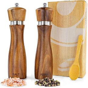 Kitchen Wooden Salt and Pepper Grinder Set: Refillable Salt & Pepper Mills Adjust for, Customized CoarsenessCrafted of Solid Wood with Ceramic/Stainless Steel Core, （8 Inches）