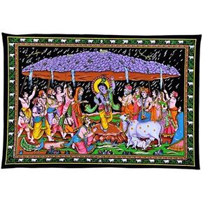 Gangesindia Lord Krishna Lifts Govardhan Mountain Cotton Tapestry
