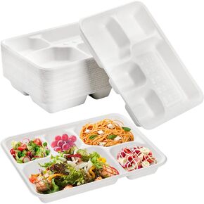 Hacaroa 50 Pack 5-Compartment Compostable Paper Plates, Natural Disposable Bagasse Plates School Lunch Trays, Rectangular Divided Plates for Party, Picnic, Biodegradable, White