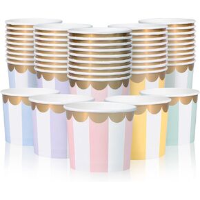 Paper Ice Cream Cups, 50-Count 11-Oz Disposable Dessert Bowls for Hot or Cold Food, 11-Ounce Party Supplies Treat Cups, 5 Colors Pastel Stripes with Scalloped Gold Foil