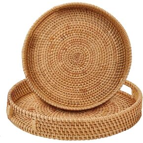 Round Rattan Serving Tray with Handles,2 Hand Woven Basket, Home Decor Organizer Tray for Breakfast, Tea, Snack, Fruit, Coffee, Storage (Large + Medium)(13.7inchX2.3inch+11.4inchX1.7inch