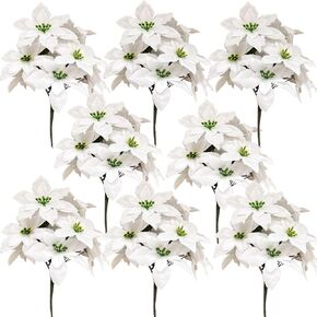 8 Pack Christmas Artificial Poinsettia Flowers Velvet Plastic Floral Bouquet Small 7 Head Silk Red Shrub Fake Flowers Arrangement for Winter Indoor Outdoor Home Porch Xmas Holiday Decor