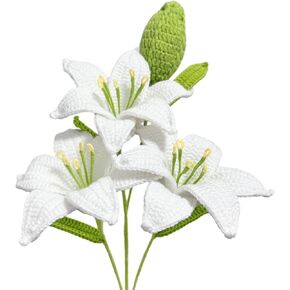 Emivery Crochet Flowers, 3PCS Handmade Crochet Artificial Lily Flowers White Lily Fake Flowers Knitted Bouquet for Home Wedding Decor Flower Gift