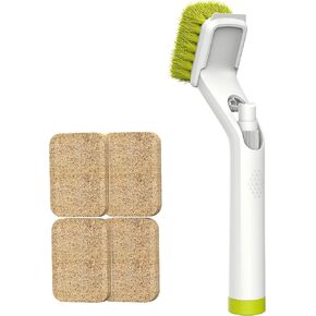 Soap Dispensing Dish Brush with Handle, EHOMGUI Brush Scrubber for Cleaning Dishes, Kitchen and Household, Non-Scratch Kitchen Brush with 4 Natural Fiber Replacement Heads for Pot Pan Sink-Green/White