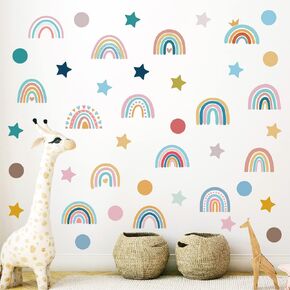 Bihemian Style Wall Art Decor Stickers Pack|10 Sheet|Aesthetic Vinyl Wall Stickers for Kids Baby Girl Bedroom Home Classroom Decoration,Colorful Self-Adhesive Peel and Stick Rainbow Dots Stars Decals.