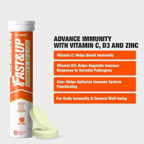 FAST&UP Vitamin C, Vitamin D3 & Zinc -Complete Immunity Support- 20 Effervescent Tablets - One Daily - Orange Flavour in Kuwait