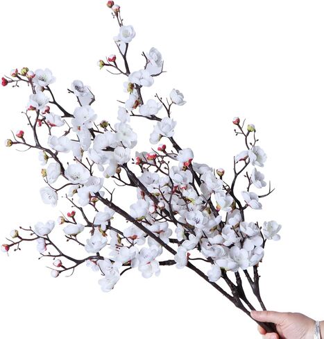 cn-Knight 3pcs Artificial Cherry Blossom Branches,37 Inch Long Stem Silk Plum Blossom with Buds,Realistic Japanese Apricot for Home Décor Centerpiece Wedding Bouquet,White in Kuwait