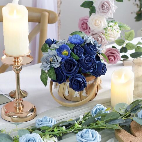 زهور الورد الاصطناعية زهور وهمية واقعية مع جذع لباقات الزفاف DIY، حمام الطفل، ترتيب الزهور، قطع مركزية للطاولة، ديكورات المنزل (أزرق) in Kuwait