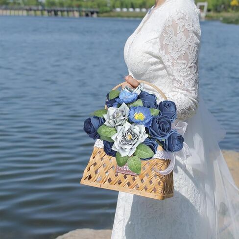 زهور الورد الاصطناعية زهور وهمية واقعية مع جذع لباقات الزفاف DIY، حمام الطفل، ترتيب الزهور، قطع مركزية للطاولة، ديكورات المنزل (أزرق) in Kuwait