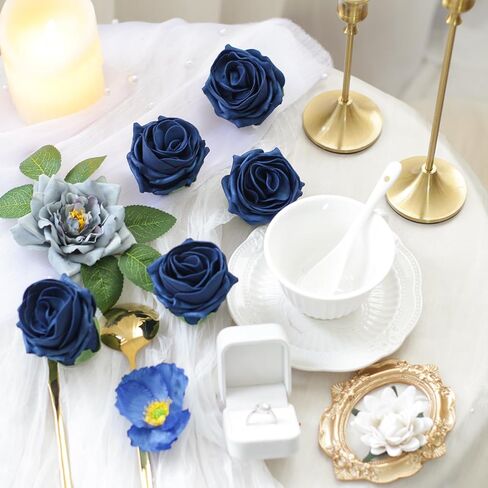 زهور الورد الاصطناعية زهور وهمية واقعية مع جذع لباقات الزفاف DIY، حمام الطفل، ترتيب الزهور، قطع مركزية للطاولة، ديكورات المنزل (أزرق) in Kuwait