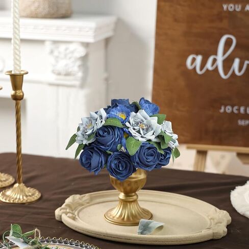زهور الورد الاصطناعية زهور وهمية واقعية مع جذع لباقات الزفاف DIY، حمام الطفل، ترتيب الزهور، قطع مركزية للطاولة، ديكورات المنزل (أزرق) in Kuwait