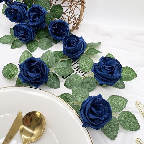 زهور الورد الاصطناعية زهور وهمية واقعية مع جذع لباقات الزفاف DIY، حمام الطفل، ترتيب الزهور، قطع مركزية للطاولة، ديكورات المنزل (أزرق) in Kuwait