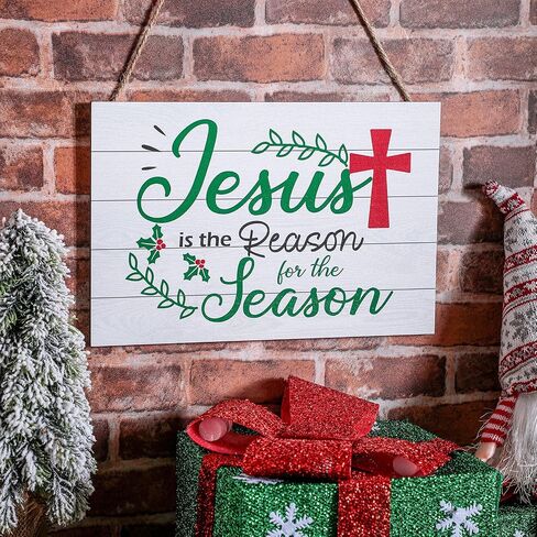Christmas Jesus Wood Sign Jesus is The Reason for The Season Hanging Sign Nativity Cross Scene Wall Decor Christmas Tree Ornaments for Christmas Holiday Door Wall Indoor Outdoor Decorations (Red) in Saudi Arabia