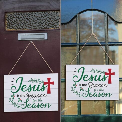 Christmas Jesus Wood Sign Jesus is The Reason for The Season Hanging Sign Nativity Cross Scene Wall Decor Christmas Tree Ornaments for Christmas Holiday Door Wall Indoor Outdoor Decorations (Red) in Saudi Arabia