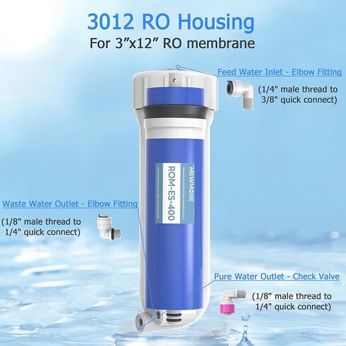 فلتر غشاء RO 400 GPD مع مبيت، استبدال غشاء التناضح العكسي يناسب المنزل تحت المغسلة RO نظام تنقية فلتر مياه الشرب مع مفتاح ربط، تركيب 1/4 بوصة، صمام فحص in Kuwait