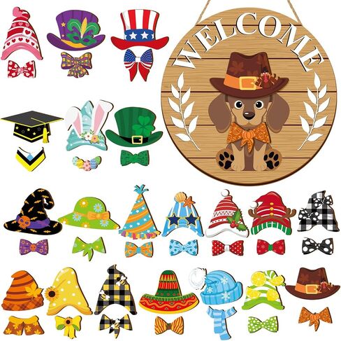 Juexica 41 Pcs Interchangeable Dog Welcome Door Sign Dachshund Decor Wooden Dachshund Door Hanger Seasonal Decor with 20 Magnet Hats and 20 Detachable Accessories for Holiday Front Door in Saudi Arabia