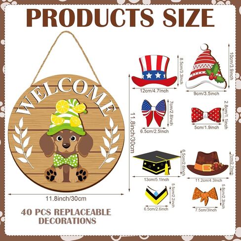 Juexica 41 Pcs Interchangeable Dog Welcome Door Sign Dachshund Decor Wooden Dachshund Door Hanger Seasonal Decor with 20 Magnet Hats and 20 Detachable Accessories for Holiday Front Door in Saudi Arabia