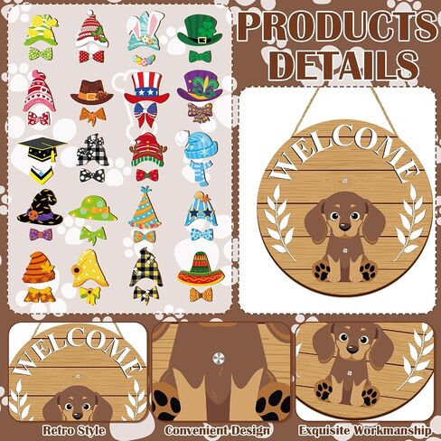 Juexica 41 Pcs Interchangeable Dog Welcome Door Sign Dachshund Decor Wooden Dachshund Door Hanger Seasonal Decor with 20 Magnet Hats and 20 Detachable Accessories for Holiday Front Door in Saudi Arabia