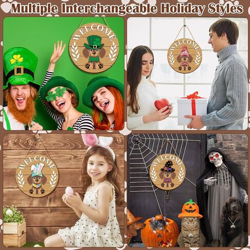 Juexica 41 Pcs Interchangeable Dog Welcome Door Sign Dachshund Decor Wooden Dachshund Door Hanger Seasonal Decor with 20 Magnet Hats and 20 Detachable Accessories for Holiday Front Door in Saudi Arabia