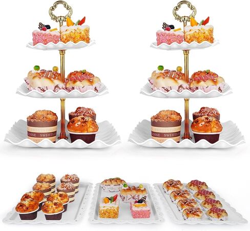 5 Pcs Dessert Table Display Set - 2 Pcs 3-Tier Dessert Display Stands & 3 Pcs Serving Tray - Dessert Trays for Tea Parties,Birthdays & Baby Showers in Saudi Arabia