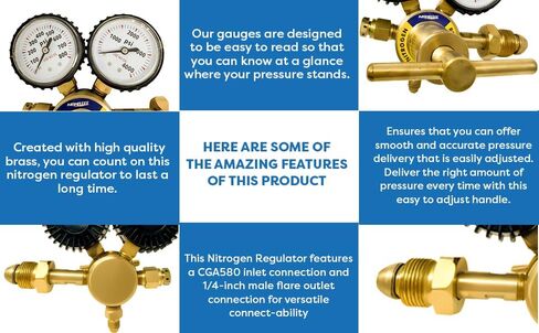 منظم النيتروجين مع ضغط توصيل 0-800 رطل لكل بوصة مربعة، وصلة مدخل CGA580 ووصلة مخرج مضيئة 1/4 بوصة من النحاس المتين الدقيق والموثوق - HVAC تطهير النحاس الصلب من Manatee in Kuwait