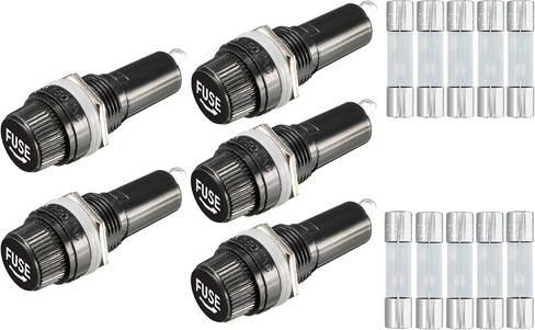 WWZMDiB 5 لوحة تركيب 5 × 20 مم غطاء برغي فيوز حامل مقبس تيار متردد 250 فولت 10 أمبير/تيار متردد 125 فولت 15 أمبير أسود مع 10 صمامات أنبوبية زجاجية (10 أمبير + 15 أمبير) in Kuwait