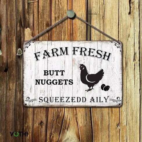 Funny Chicken Metal Sign ; Farm Fresh Nuggets Squeezed Daily ; Farm House Kitchen Accessories and Decor ; Wall Plaque for Home Kitchen Bar Coffee Shop 8x12 In in Saudi Arabia