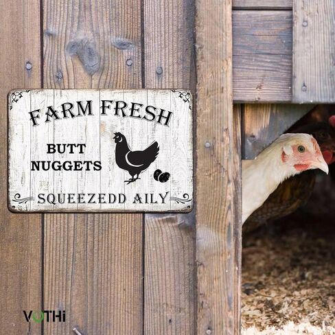 Funny Chicken Metal Sign ; Farm Fresh Nuggets Squeezed Daily ; Farm House Kitchen Accessories and Decor ; Wall Plaque for Home Kitchen Bar Coffee Shop 8x12 In in Saudi Arabia