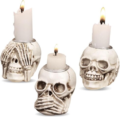 Chris.W 3 قطع حامل شموع جمجمة الهالوين، حامل شمعدان على شكل هيكل عظمي قوطي من الراتنج، حامل شمعدان على شكل هيكل عظمي، حامل شموع على سطح المكتب مخيف للهالوين، بار منزلي، ديكور مقبرة (أبيض) in Kuwait