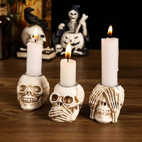 Chris.W 3 قطع حامل شموع جمجمة الهالوين، حامل شمعدان على شكل هيكل عظمي قوطي من الراتنج، حامل شمعدان على شكل هيكل عظمي، حامل شموع على سطح المكتب مخيف للهالوين، بار منزلي، ديكور مقبرة (أبيض) in Kuwait
