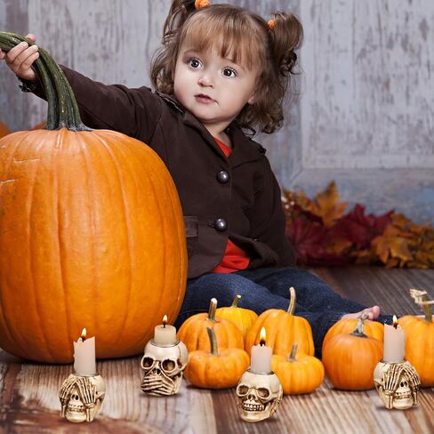 Chris.W 3 قطع حامل شموع جمجمة الهالوين، حامل شمعدان على شكل هيكل عظمي قوطي من الراتنج، حامل شمعدان على شكل هيكل عظمي، حامل شموع على سطح المكتب مخيف للهالوين، بار منزلي، ديكور مقبرة (أبيض) in Kuwait