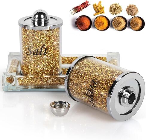 Salt and Pepper Shakers, Crystal Pink Kitchen Canister Set of 2 with Tray, Glass Spice Shaker for Home Decor, Fancy Decorative Crushed Diamond Jars for Gift (Gold) in Saudi Arabia