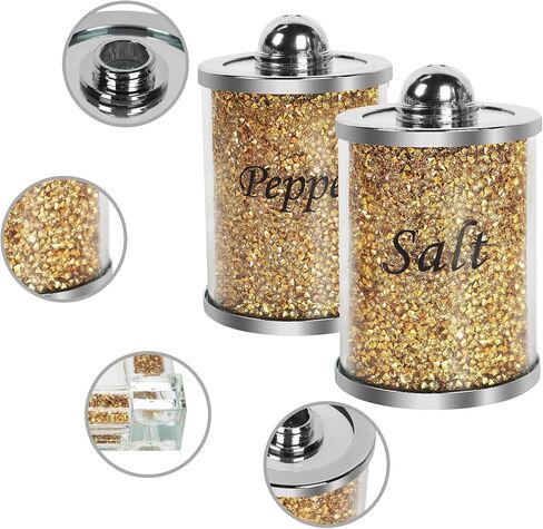 Salt and Pepper Shakers, Crystal Pink Kitchen Canister Set of 2 with Tray, Glass Spice Shaker for Home Decor, Fancy Decorative Crushed Diamond Jars for Gift (Gold) in Saudi Arabia