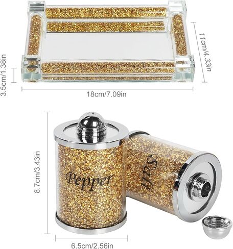 Salt and Pepper Shakers, Crystal Pink Kitchen Canister Set of 2 with Tray, Glass Spice Shaker for Home Decor, Fancy Decorative Crushed Diamond Jars for Gift (Gold) in Saudi Arabia