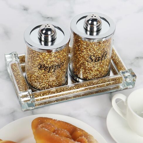 Salt and Pepper Shakers, Crystal Pink Kitchen Canister Set of 2 with Tray, Glass Spice Shaker for Home Decor, Fancy Decorative Crushed Diamond Jars for Gift (Gold) in Saudi Arabia